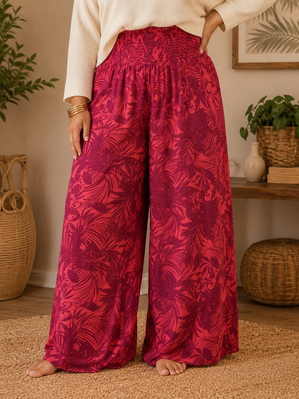 Classic Concepts Tropical Print Palazzo Pants XL Pink Smocked Waist Wide Leg